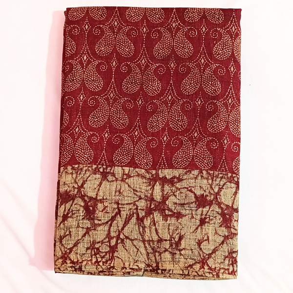 Self Printed Handloom Khadi Cotton Saree With Plain Blouse (Red)