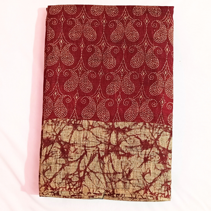 Self Printed Handloom Khadi Cotton Saree With Plain Blouse (Red)