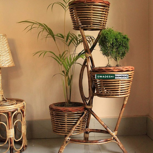 Swadeshi Bamboo Rattan Cane Bamboo Flower Pot Stand for Living Room, Decor, Balcony Large planter, with 3-plant pot stand (set of1)