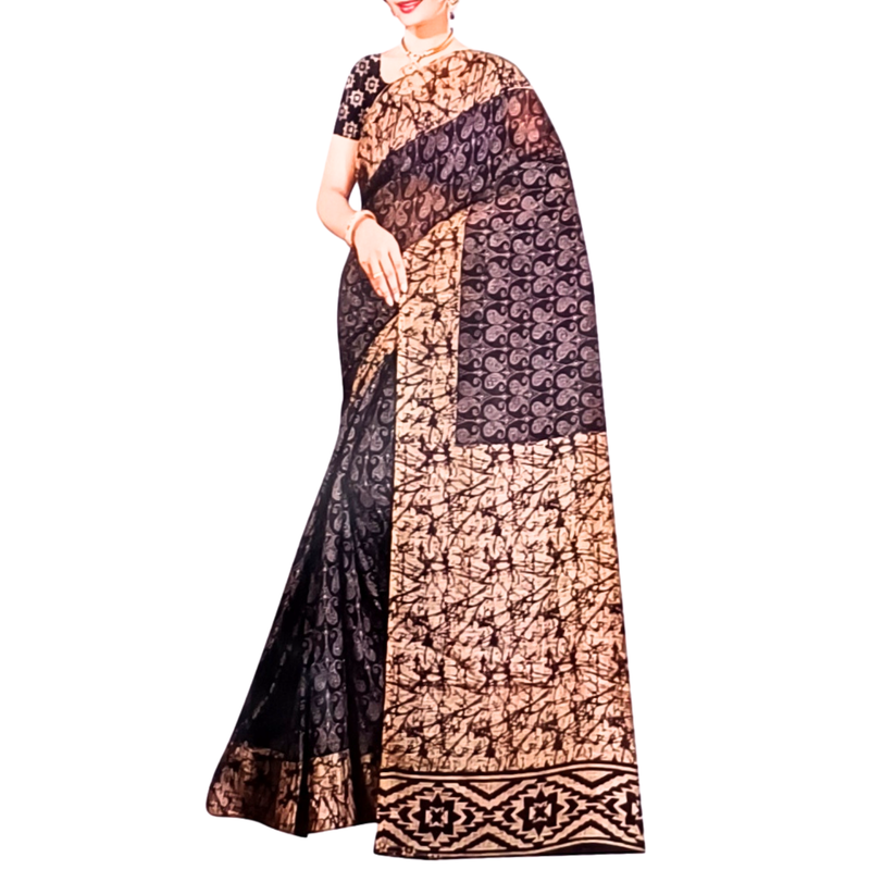Handloom Bamboo Khadi Cotton Saree Block print with Plain Blouse (Black)