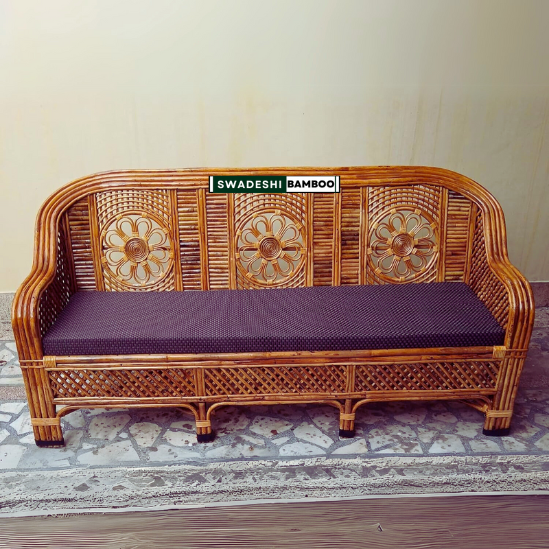 3 Seater Cane Sofa Cum Couch with Cushions