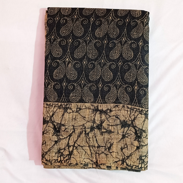Handloom Bamboo Khadi Cotton Saree Block print with Plain Blouse (Black)