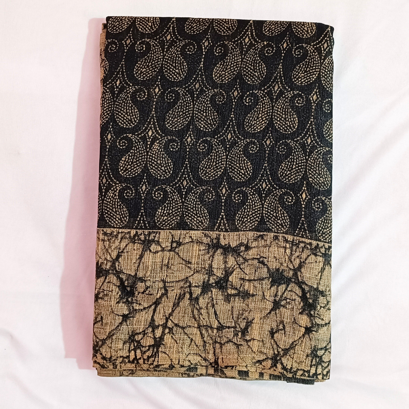 Handloom Bamboo Khadi Cotton Saree Block print with Plain Blouse (Black)