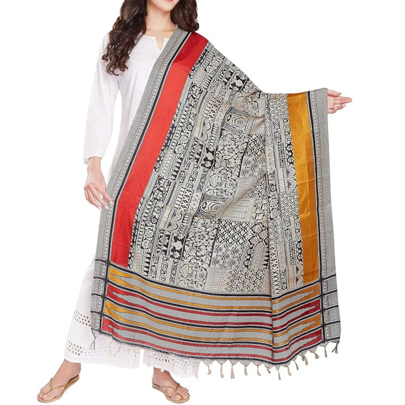 Block print Bamboo Art Silk Dupatta I Women's Printed Dupatta(Black)