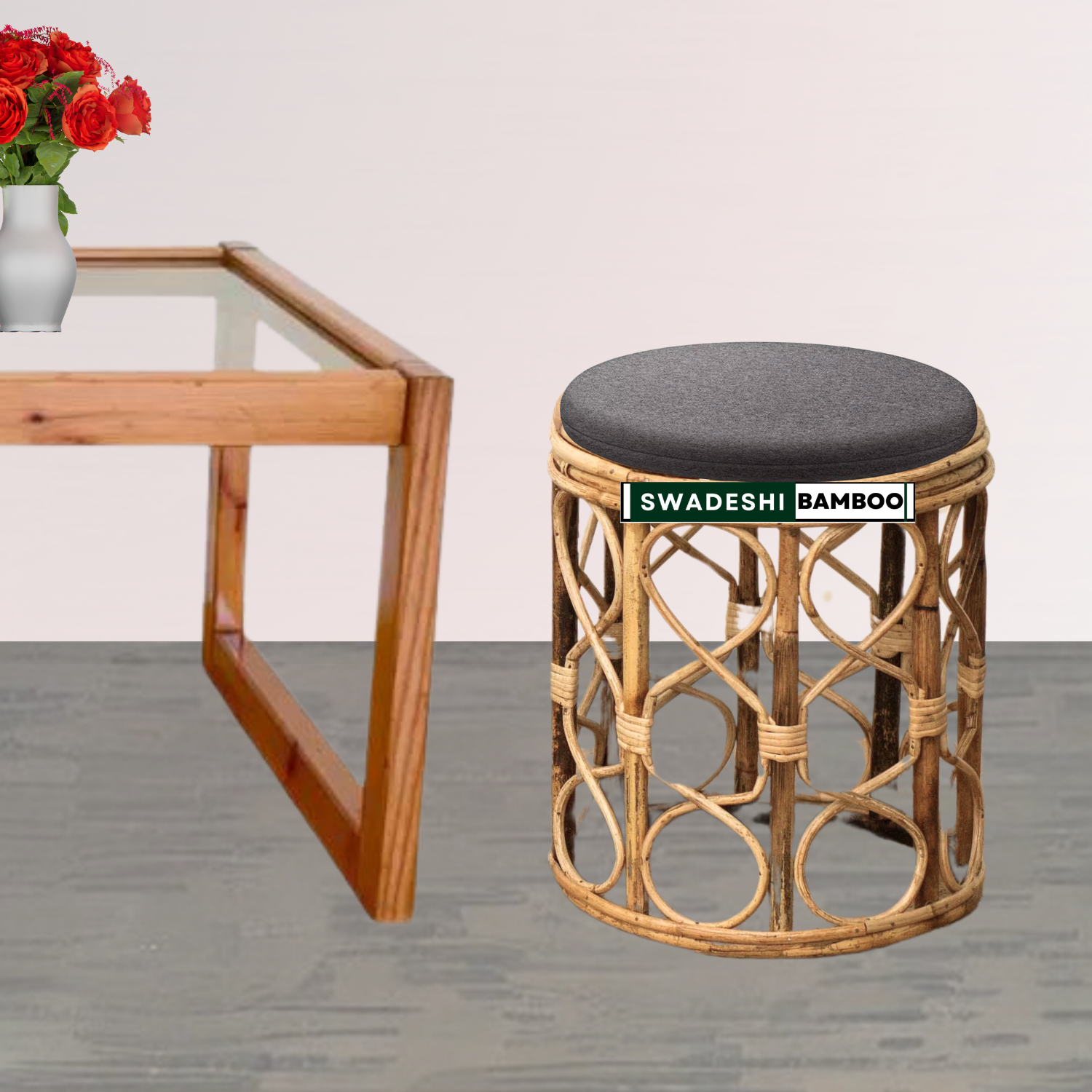 Wooden Bamboo Stool muda Cane round Muda for Living Room