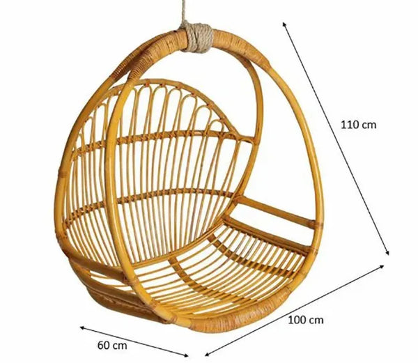Wicker hanging chair with dimensions on a white background