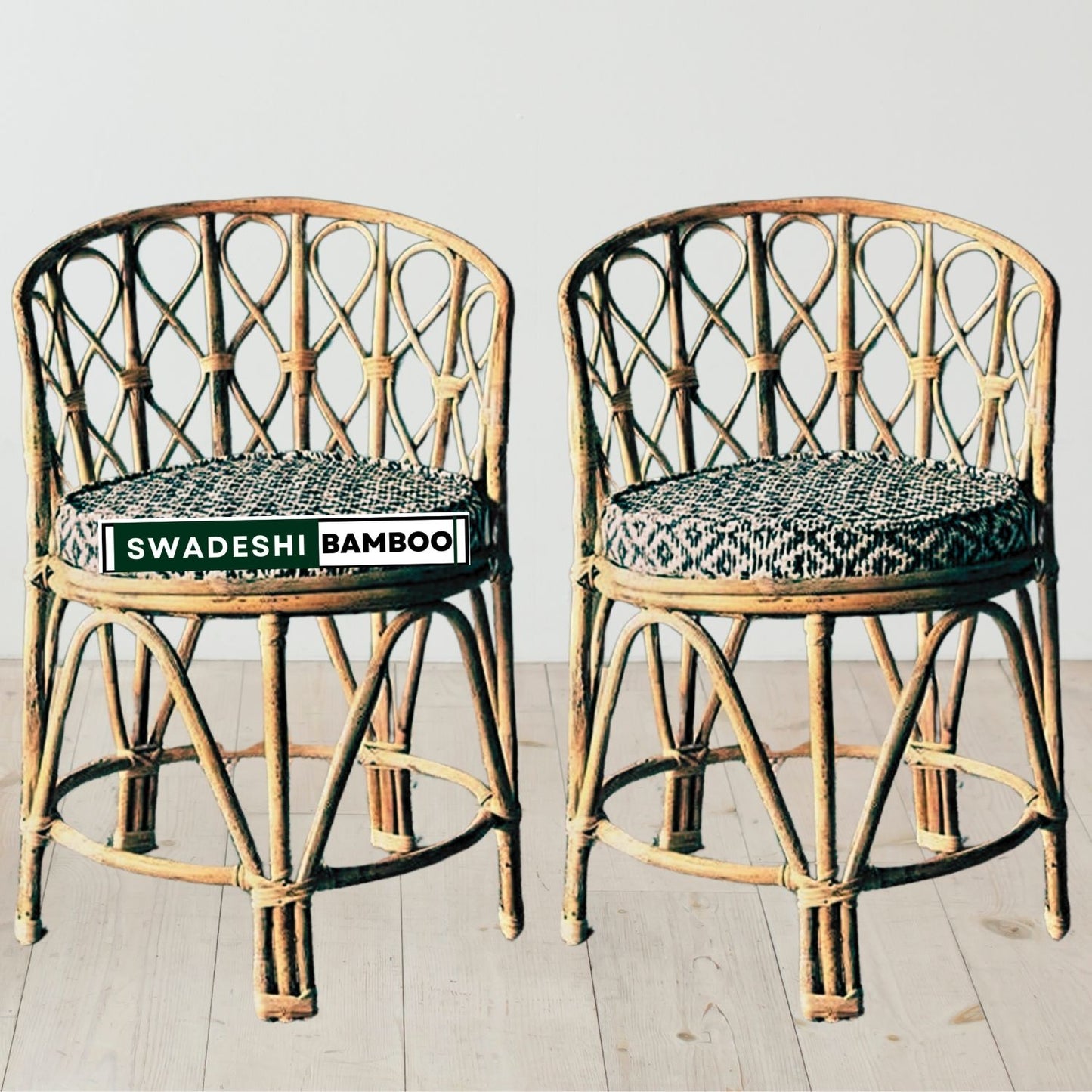 Bamboo Cane Rattan Arm Back mudda Chair(Set of 2) for Restaurant, Hotel, Garden