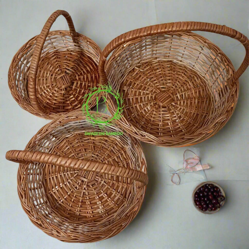 (9", 8", 7" inch) Handwoven Bamboo wicker handle basket Set of 3 - swadeshibamboo