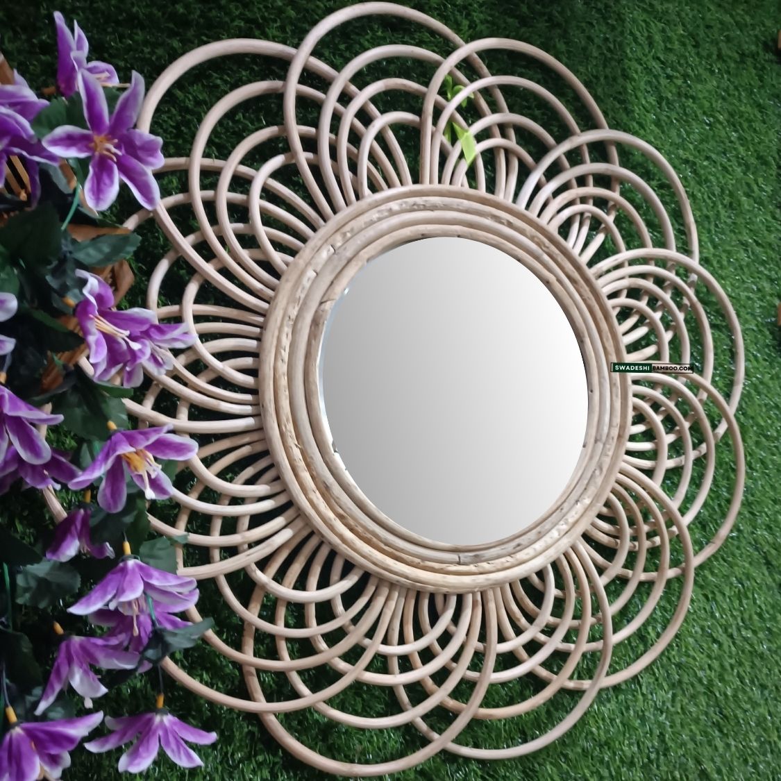 Swadeshi Bamboo Cane Decorative Rattan Mirror | Home Decor Bamboo Cane Mirror for Living Room, Bathroom, Bedroom, Home and Office (Floral)