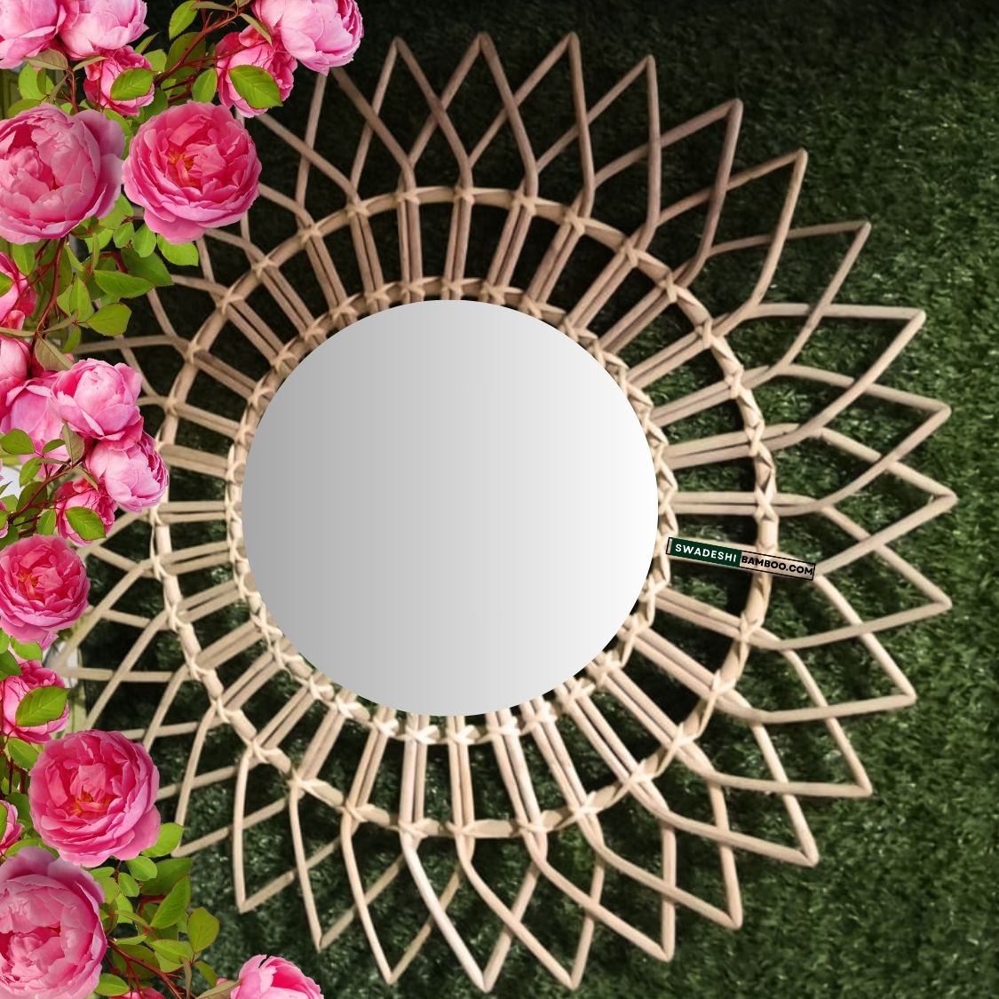 Swadeshi Bamboo Boho Mirror, Wicker Made Mirrors Big Flower Mirror Handcrafted Decorative Cane Frame Mirror