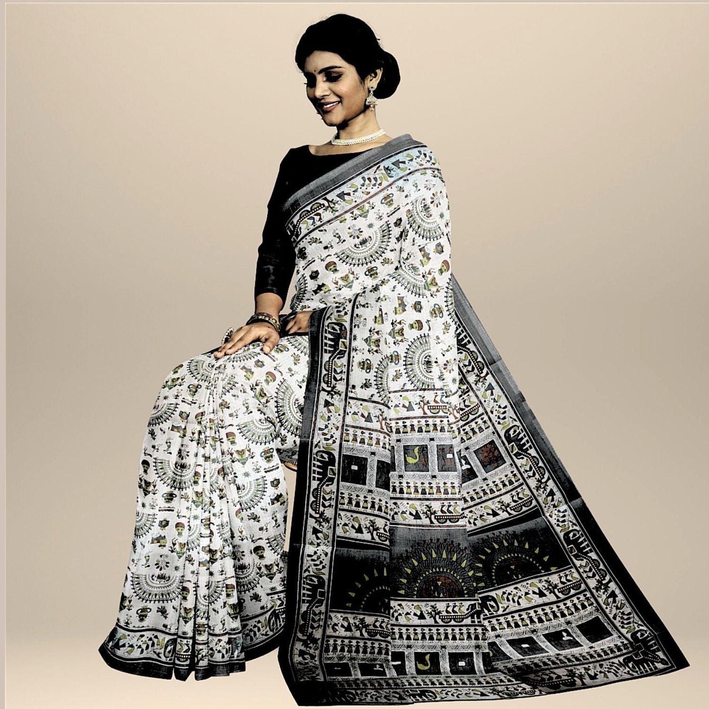 Handloom Khadi Cotton Saree Block print with Plain Blouse (Black) - swadeshibamboo