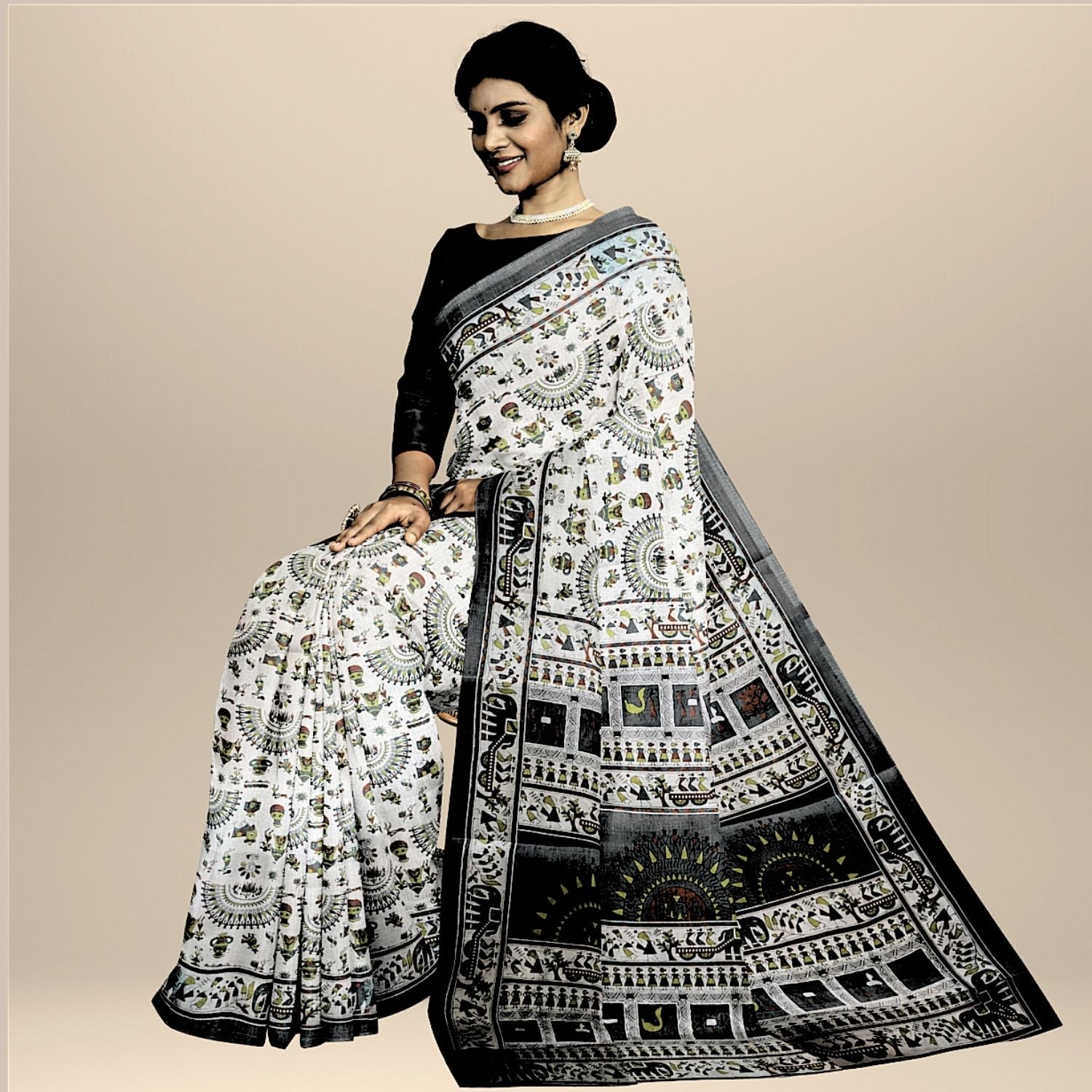 Handloom Khadi Cotton Saree Block print with Plain Blouse (Black)