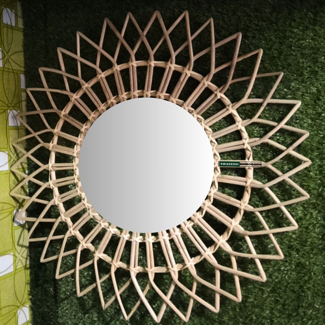 Swadeshi Bamboo Boho Mirror, Wicker Made Mirrors Big Flower Mirror Handcrafted Decorative Cane Frame Mirror