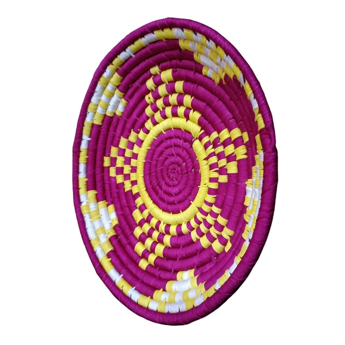 Handwoven Yellow, Pink, White color Sabai Grass Wall Plate 12 inches - swadeshibamboo