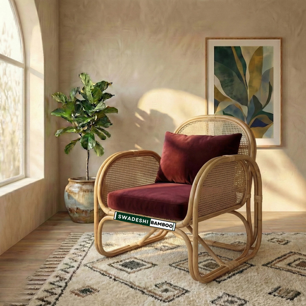 A rattan rocking chair with a deep burgundy velvet seat cushion and matching back cushion, styled in a warm, sunlit room with a patterned rug, a potted fiddle-leaf fig, and a framed botanical print on the wall.
