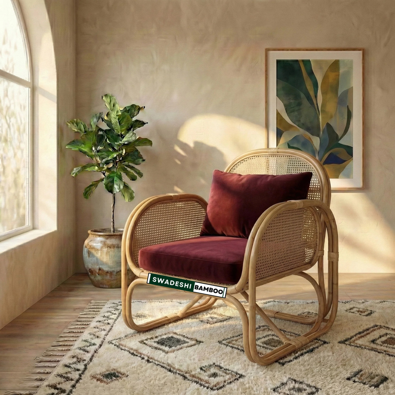 A rattan rocking chair with a deep burgundy velvet seat cushion and matching back cushion, styled in a warm, sunlit room with a patterned rug, a potted fiddle-leaf fig, and a framed botanical print on the wall.