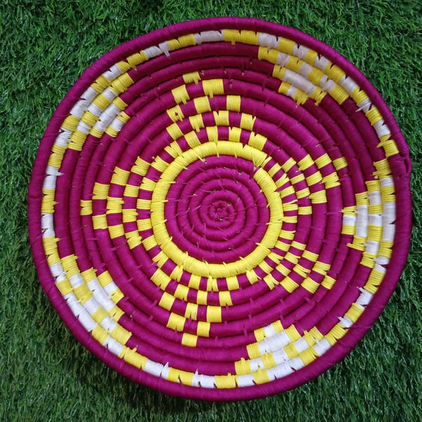 Handwoven Yellow, Pink, White color Sabai Grass Wall Plate 12 inches - swadeshibamboo