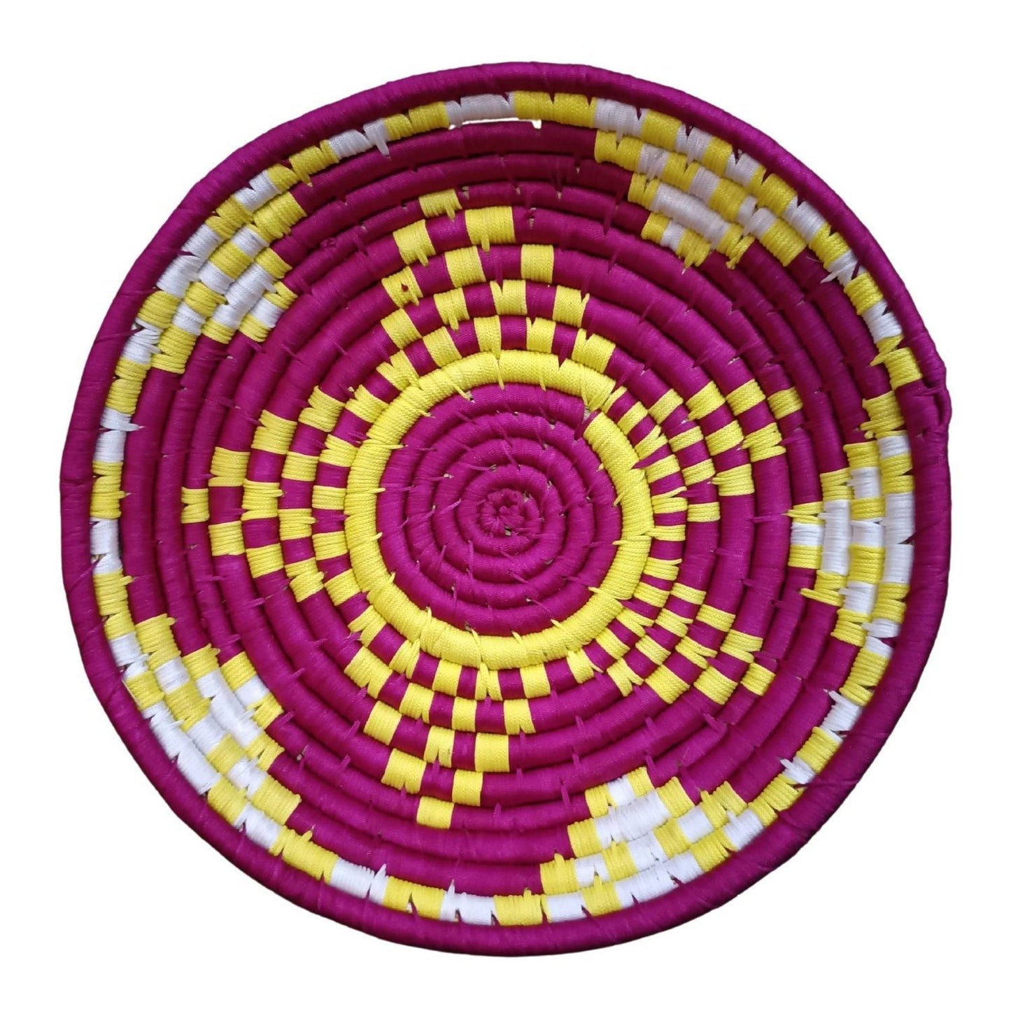 Handwoven Yellow, Pink, White color Sabai Grass Wall Plate 12 inches - swadeshibamboo