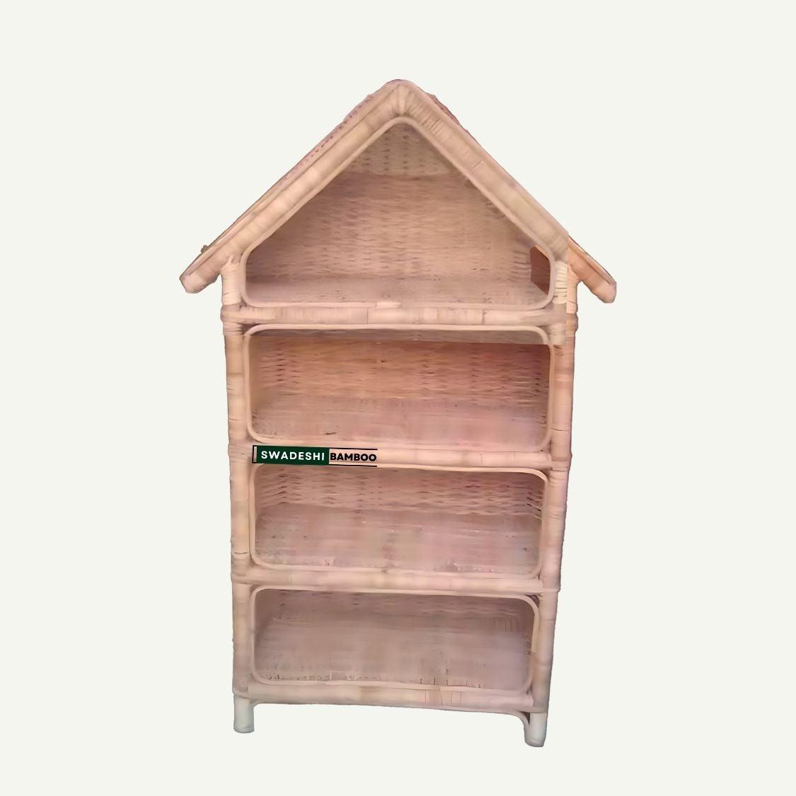 Hut Shaped Cane Rattan Rack with 4 Shelves/Book/Shoes Rack- Multipurpose Use - swadeshibamboo