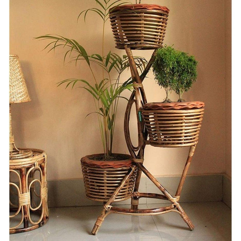 Swadeshi Bamboo Rattan Cane Bamboo Flower Pot Stand for Living Room, Decor, Balcony Large planter, with 3-plant pot stand (set of1) - swadeshibamboo