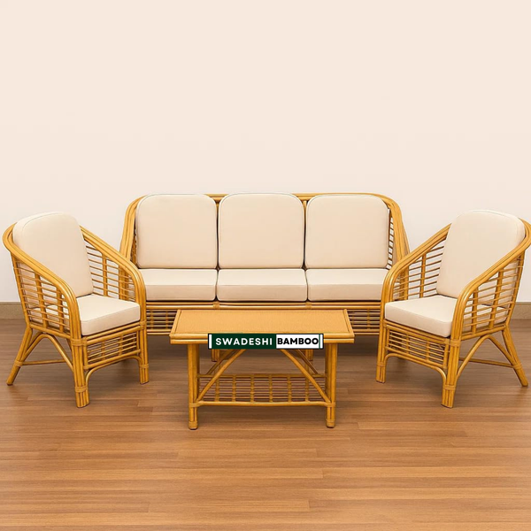 Bamboo Cane Sofa Set – 2 Chairs, 3-Seater & Center Table with Cushions | Bamboo Cane Wooden Furniture for Living Room & Balcony