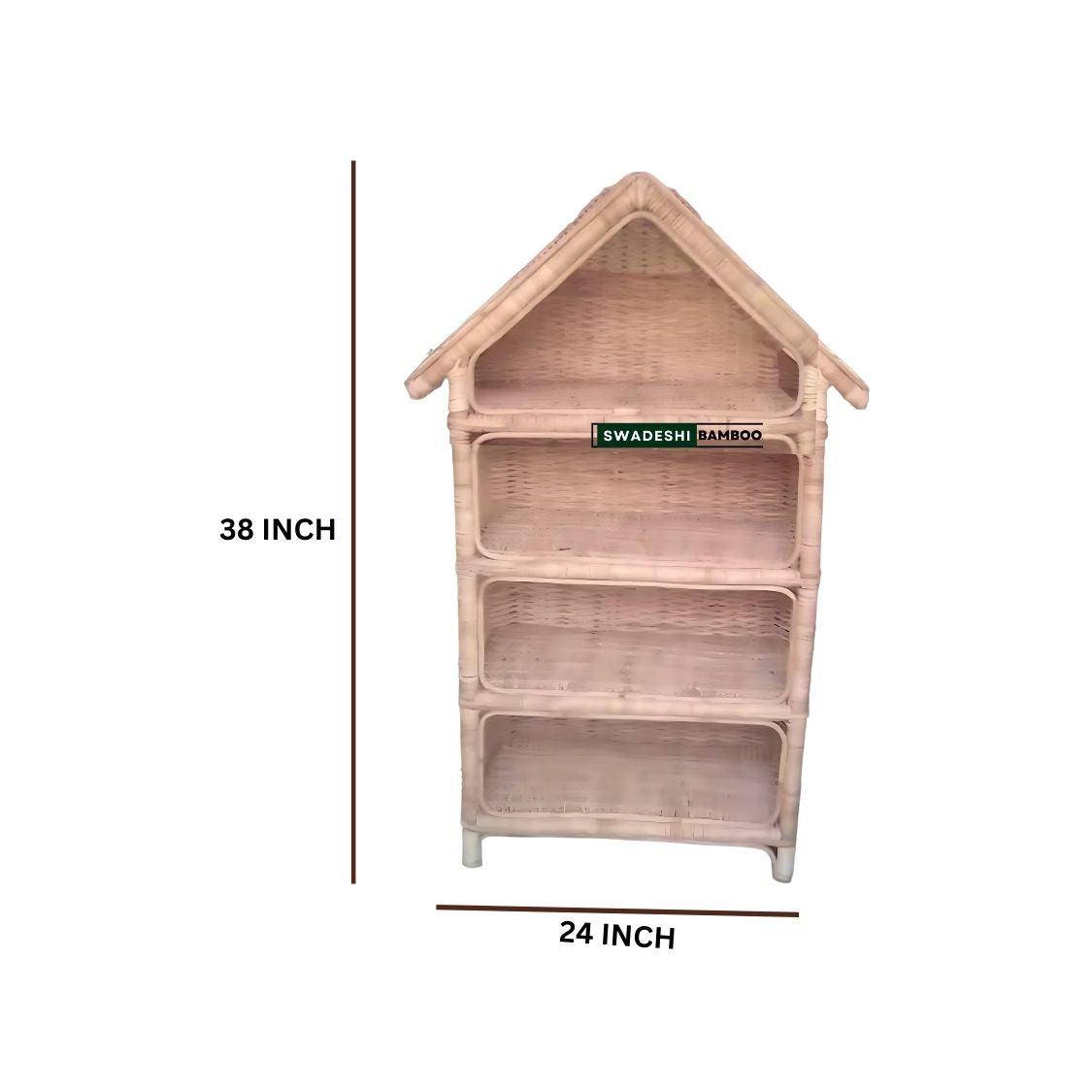 Hut Shaped Cane Rattan Rack with 4 Shelves/Book/Shoes Rack- Multipurpose Use - swadeshibamboo