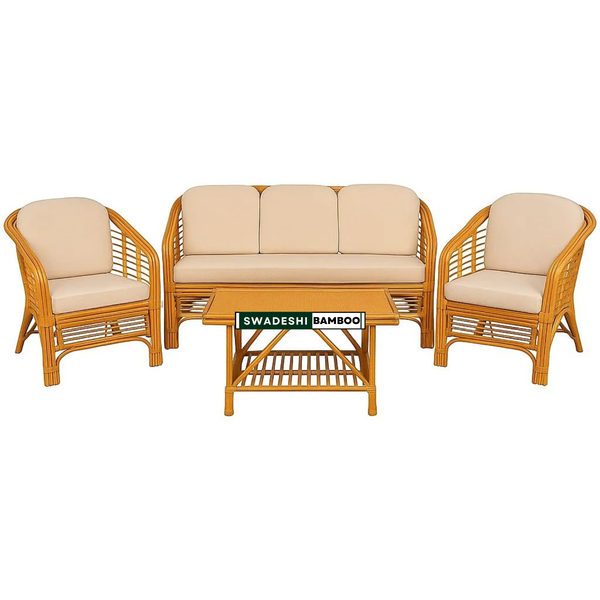 Bamboo Cane Sofa Set – 2 Chairs, 3-Seater & Center Table with Cushions | Bamboo Cane Wooden Furniture for Living Room & Balcony