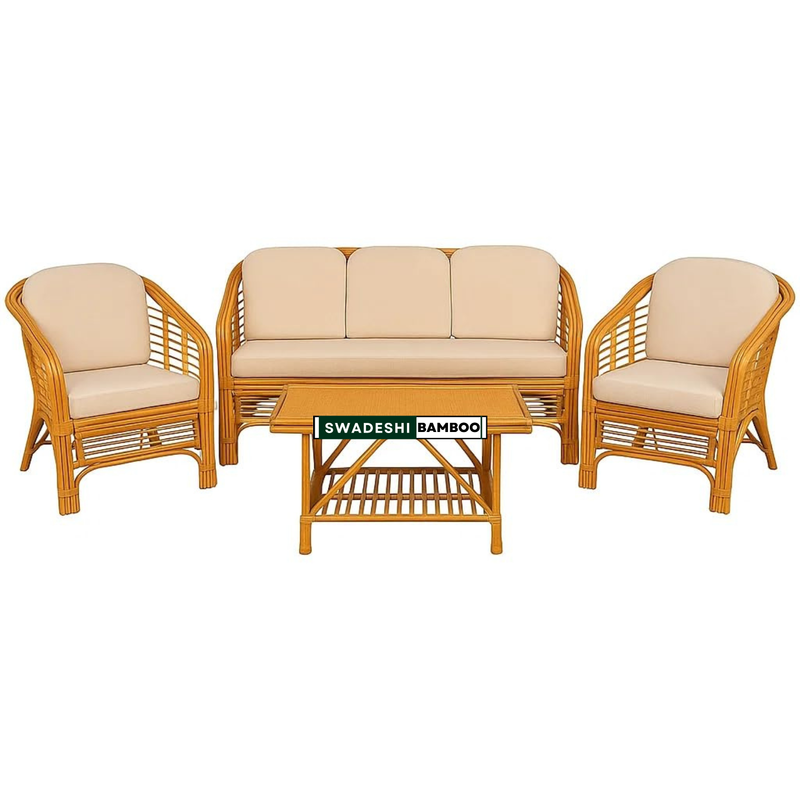 Bamboo Cane Sofa Set – 2 Chairs, 3-Seater & Center Table with Cushions | Bamboo Cane Wooden Furniture for Living Room & Balcony
