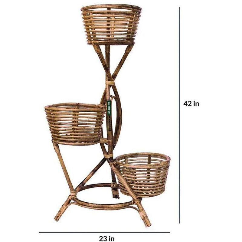 Swadeshi Bamboo Rattan Cane Bamboo Flower Pot Stand for Living Room, Decor, Balcony Large planter, with 3-plant pot stand (set of1) - swadeshibamboo