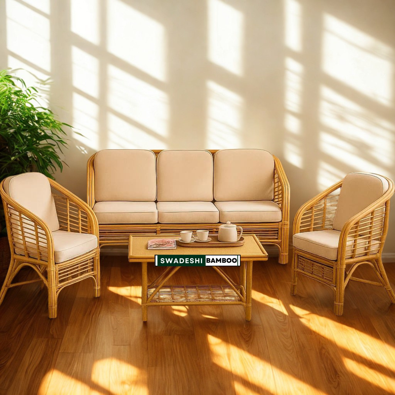 Bamboo Cane Sofa Set – 2 Chairs, 3-Seater & Center Table with Cushions | Bamboo Cane Wooden Furniture for Living Room & Balcony