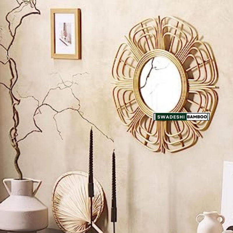 Swadeshi Bamboo Rattan Flower Mirror, Boho Mirror, Living Room Decor