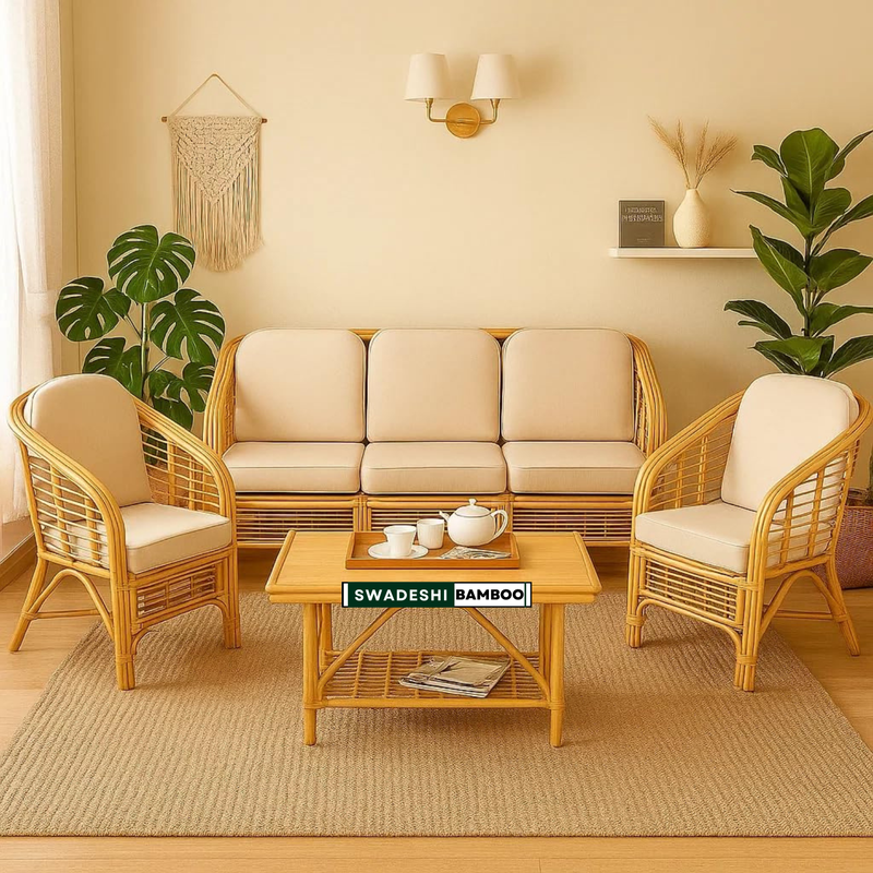 Bamboo Cane Sofa Set – 2 Chairs, 3-Seater & Center Table with Cushions | Bamboo Cane Wooden Furniture for Living Room & Balcony