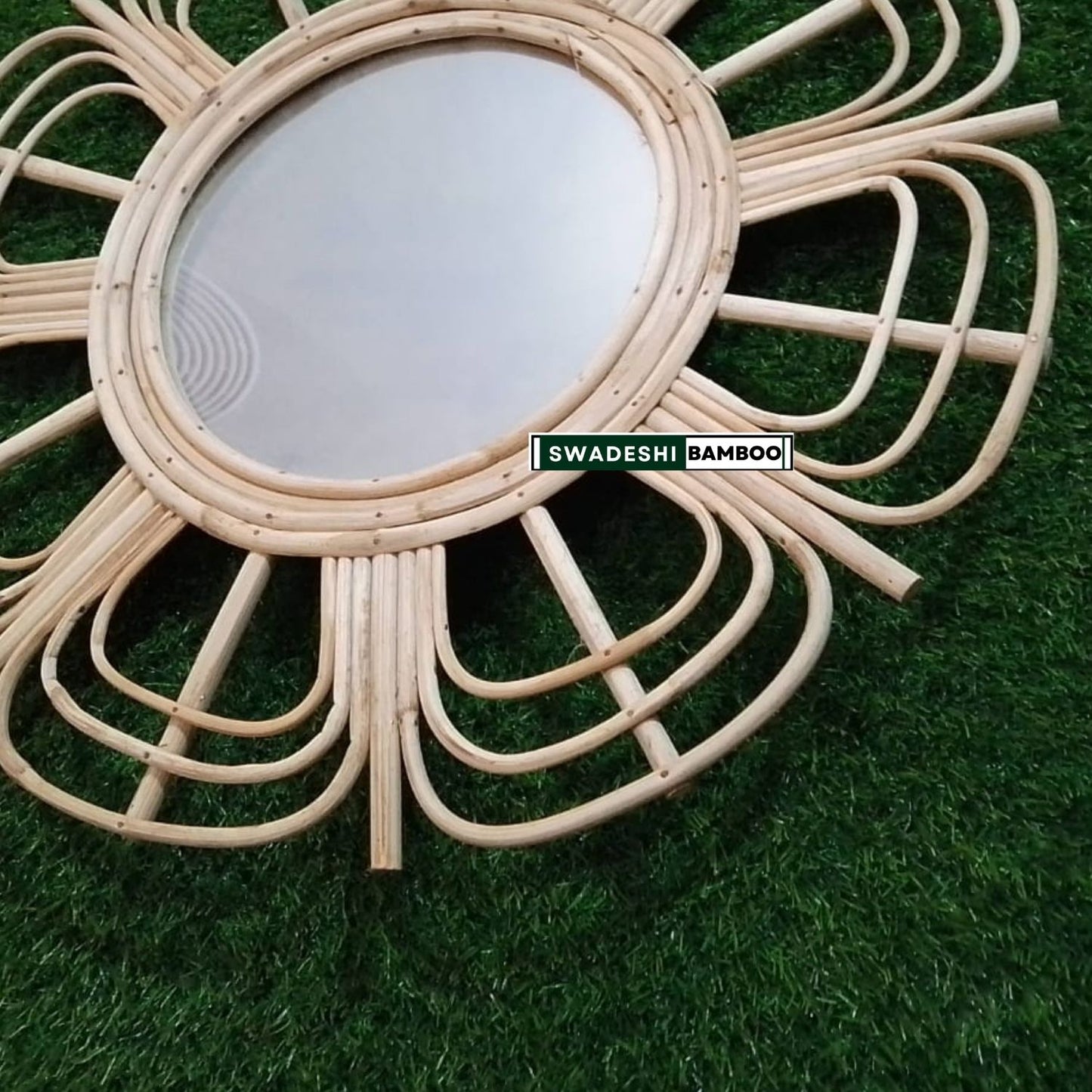 Swadeshi Bamboo Rattan Flower Mirror, Boho Mirror, Living Room Decor