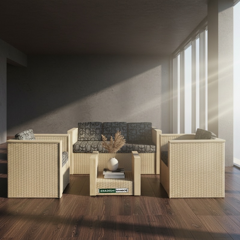 Bamboo Rattan Cane Square Sofa Set With Table For Home, Office, Living Room, Balcony, Garden