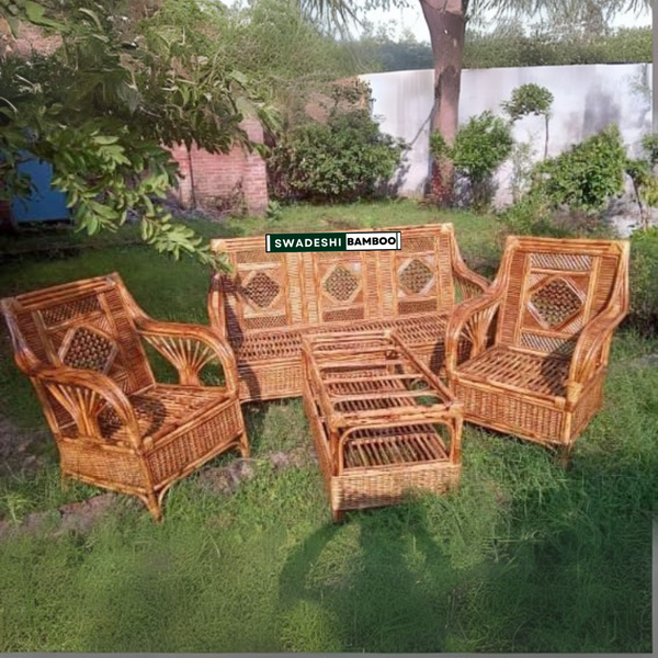 Bamboo Cane Sofa Set with Table – Perfect for Home, Office, Living Room, Balcony, Garden