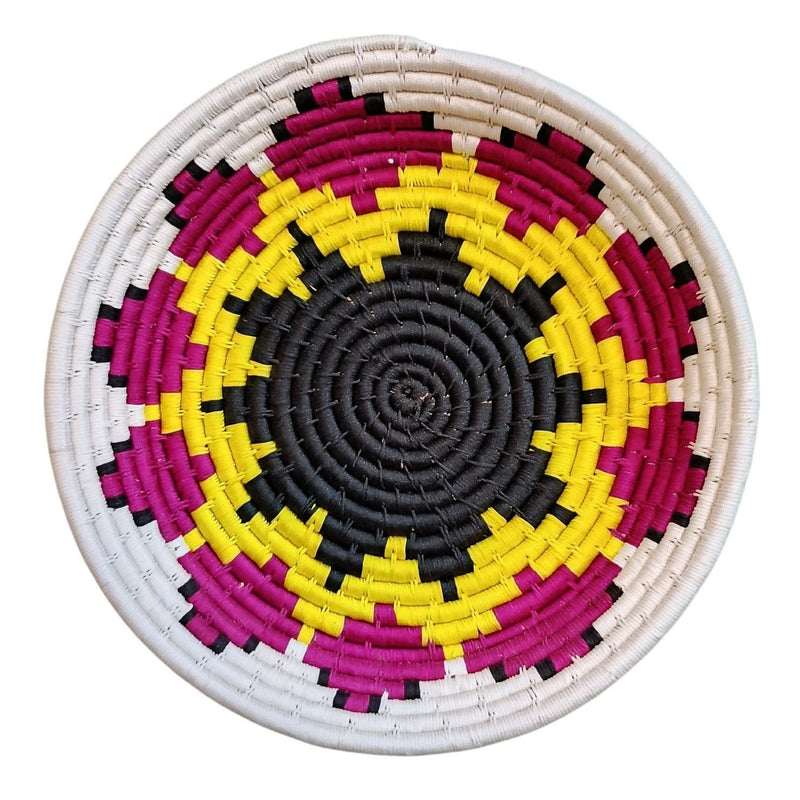 Handwoven Yellow, Pink, Black color Sabai Grass Wall Plate 12 inches - swadeshibamboo