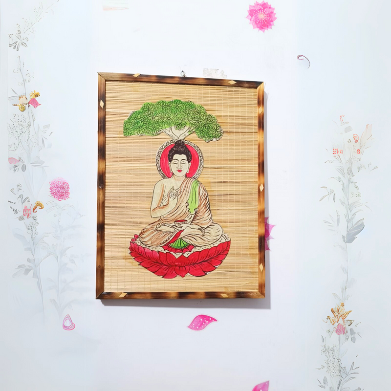 Handcrafted Bamboo Mat Base Wall Hanging Frame of Gautam Buddha for Home and Office/Eco Friendly Product