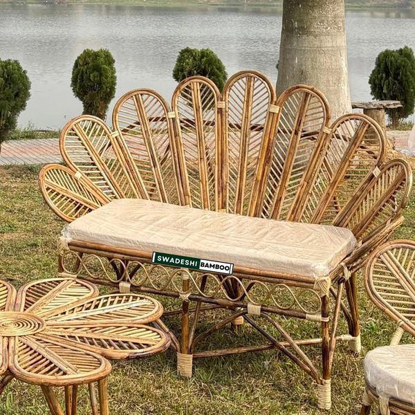 Bamboo Cane Flower Sofa With Chairs Set & Table for Home, Living Room, Office, Outdoor & Indoor