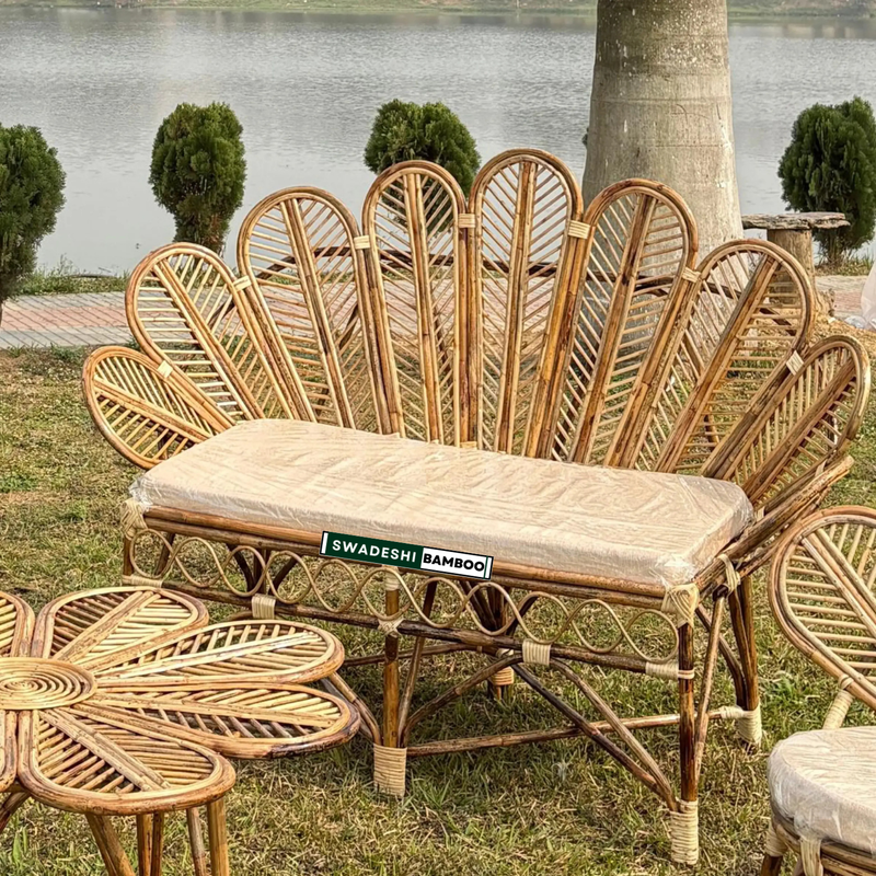 Bamboo Cane Flower Sofa With Chairs Set & Table for Home, Living Room, Office, Outdoor & Indoor