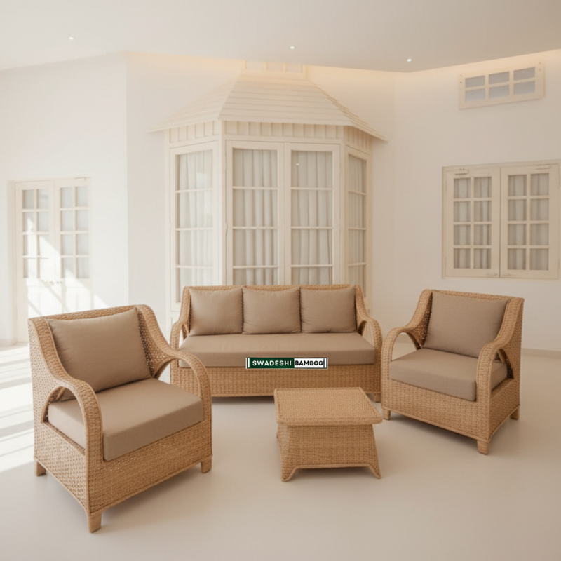 Bamboo Cane 5 Seater Sofa Set With Table