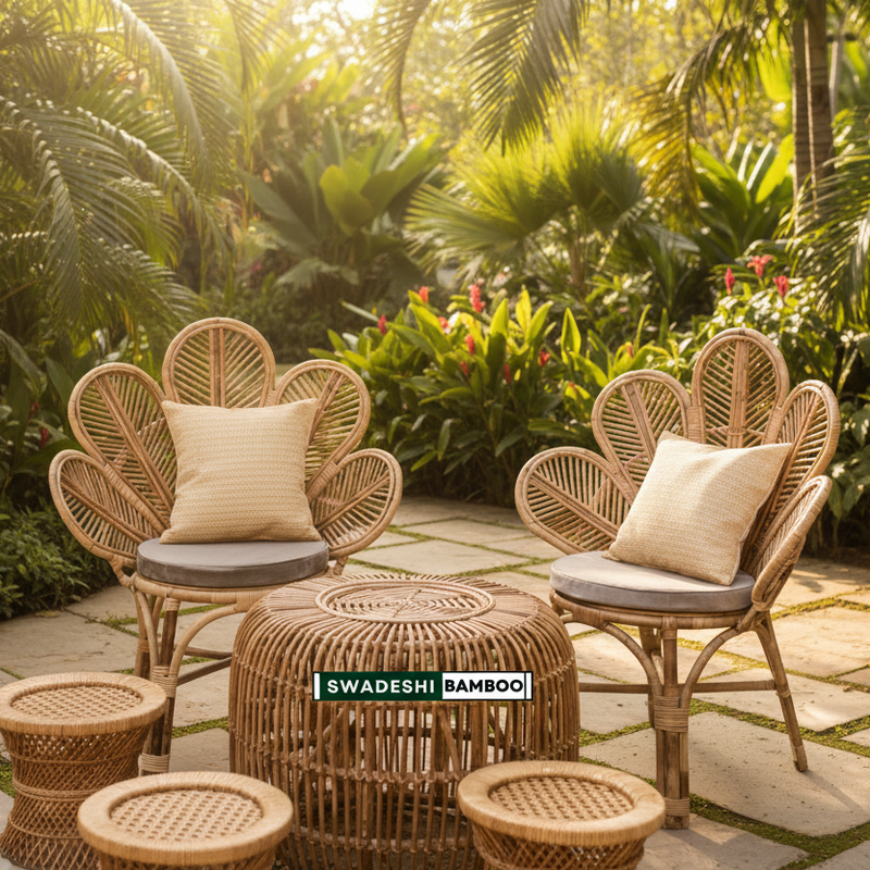 Modern Design Bamboo Cane Chair Set with Table for Living Room, Garden & Balcony |Set of 2 Chairs with Table