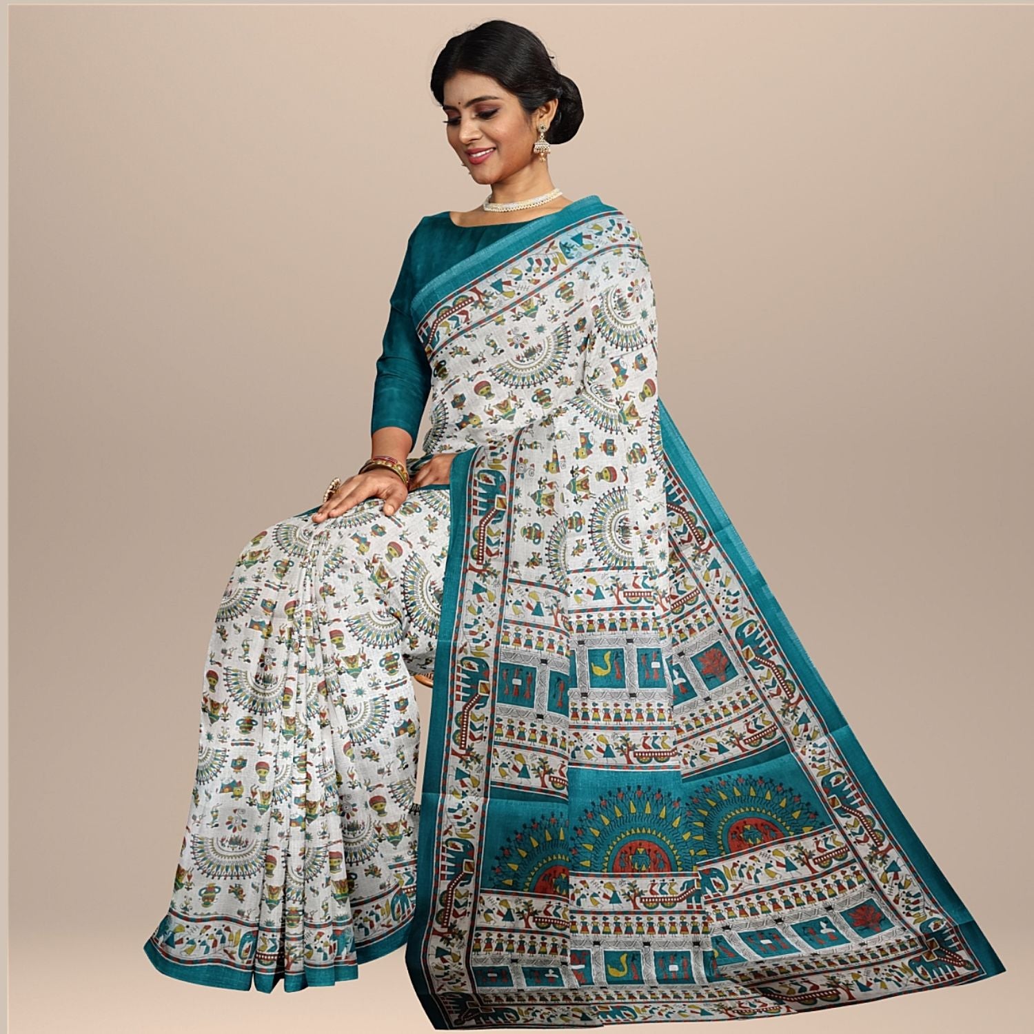 Handloom Khadi Cotton Saree Block print with Plain Blouse (Blue)