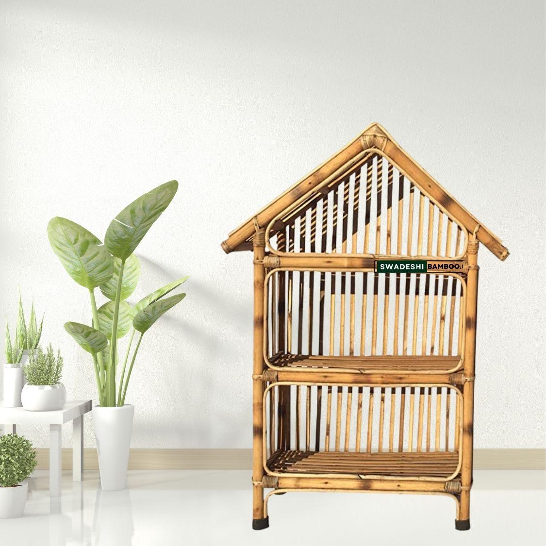 Natural Cane Bamboo Hut Shape Rack 3 Shelves - swadeshibamboo