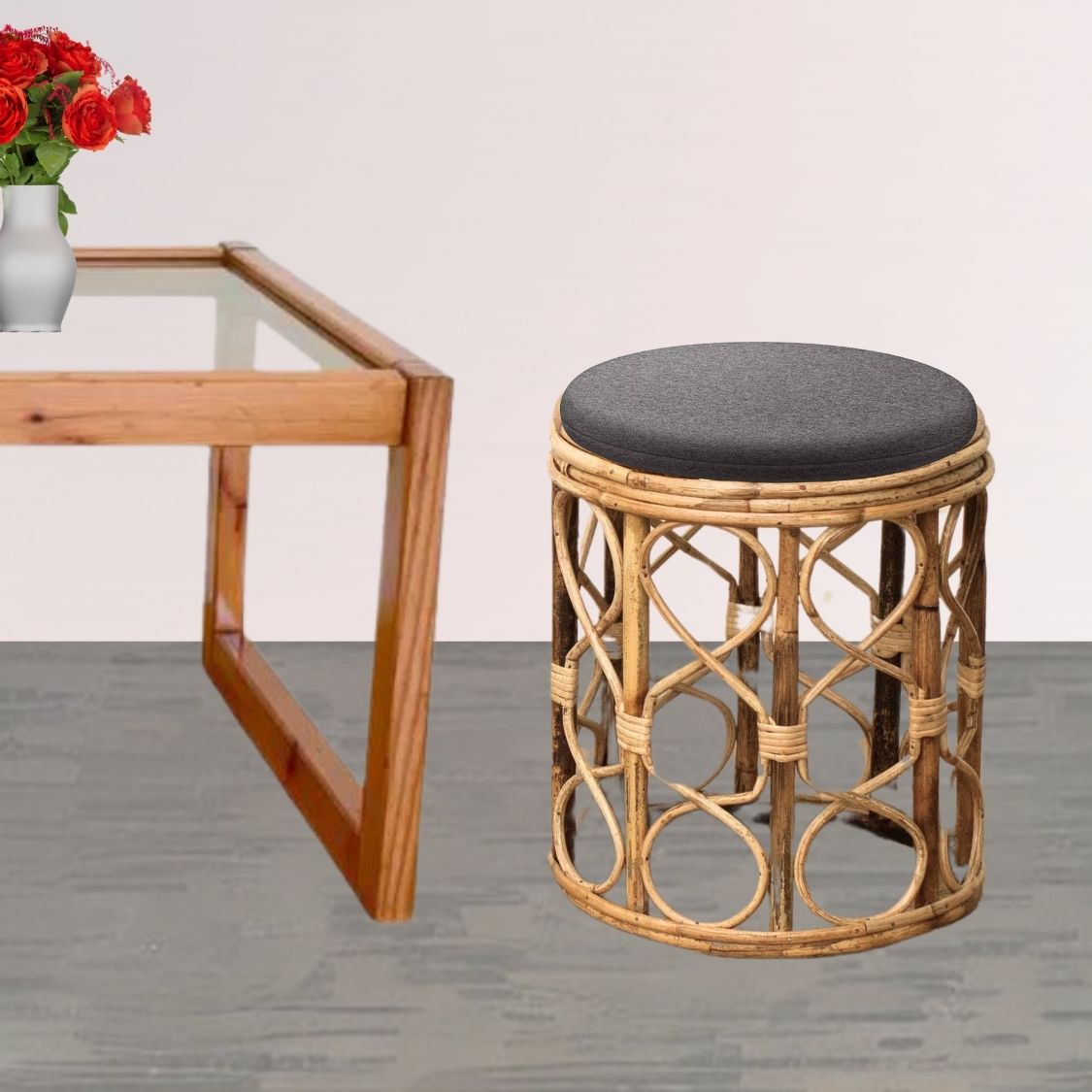 Wooden Bamboo Stool muda | Cane round Muda for Living Room, Balcony and Garden