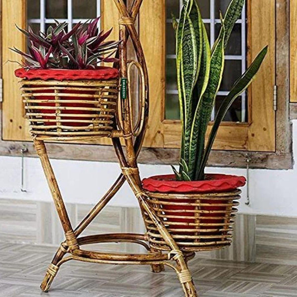 Swadeshi Bamboo Rattan Cane Bamboo Flower Pot Stand for Living Room, Decor, Balcony Large planter, with 3-plant pot stand (set of1) - swadeshibamboo