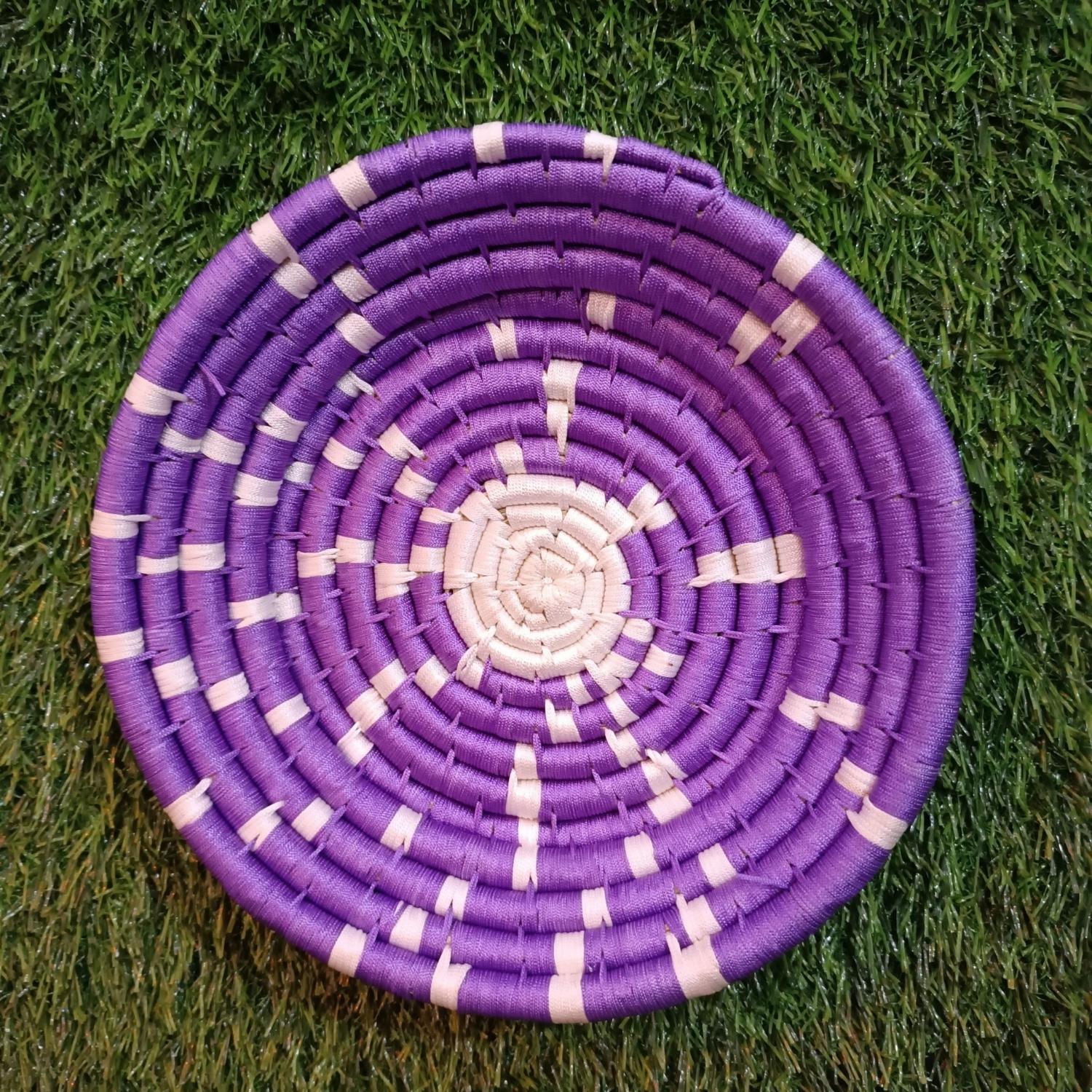 Handwoven Violet, White color Sabai Grass Wall Plate 9 inches - swadeshibamboo