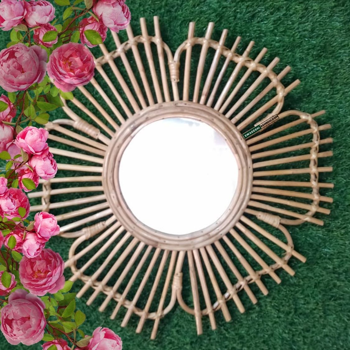 Swadeshi Bamboo Cane Decorative Rattan Mirror | Home Decor Bamboo Cane Mirror for Living Room, Bathroom, Bedroom, Home and Office (Flower)