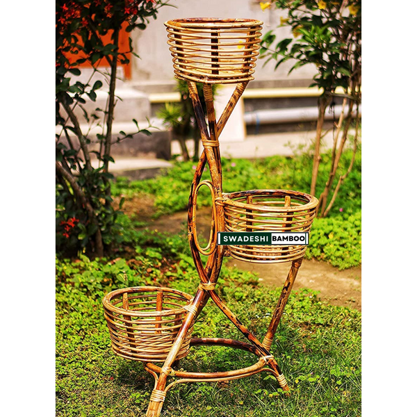 Swadeshi Bamboo Rattan Cane Bamboo Flower Pot Stand for Living Room, Decor, Balcony Large planter, with 3-plant pot stand (set of1)