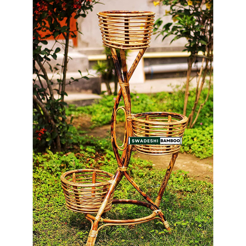 Swadeshi Bamboo Rattan Cane Bamboo Flower Pot Stand for Living Room, Decor, Balcony Large planter, with 3-plant pot stand (set of1)