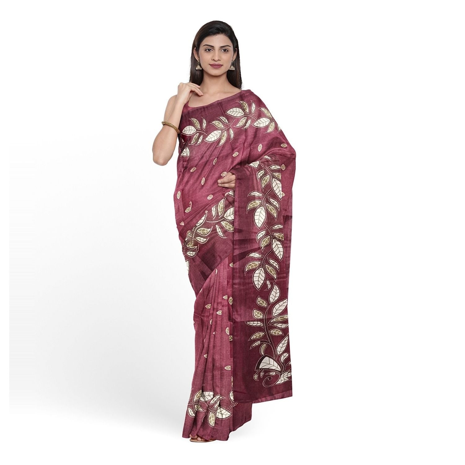 Block print Handloom Khadi Cotton Saree With Plain Blouse (Maroon)